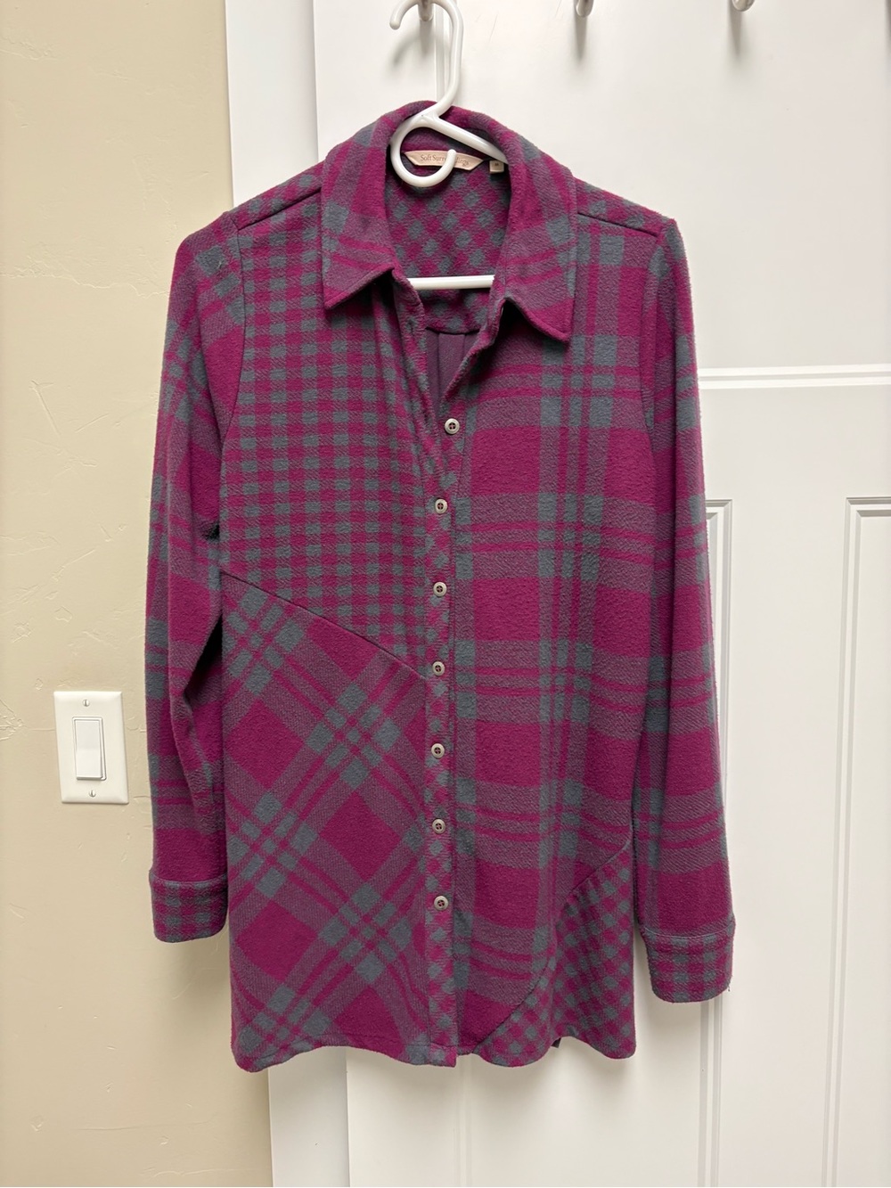 Soft Surroundings Magenta & Gray Plaid Tunic Shirt